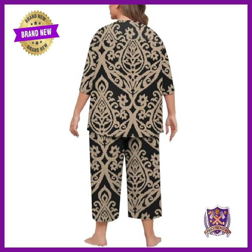 Plus Size Pajama Set V-Neck Capri Pants Soft Knit Sleepwear Loungewear - Picture 5 of 7